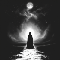 A cloaked figure stands on cracked ground under a dramatic sky, illuminated by a bright moon and swirling clouds, evoking the theme of choices and their unforeseen consequences.