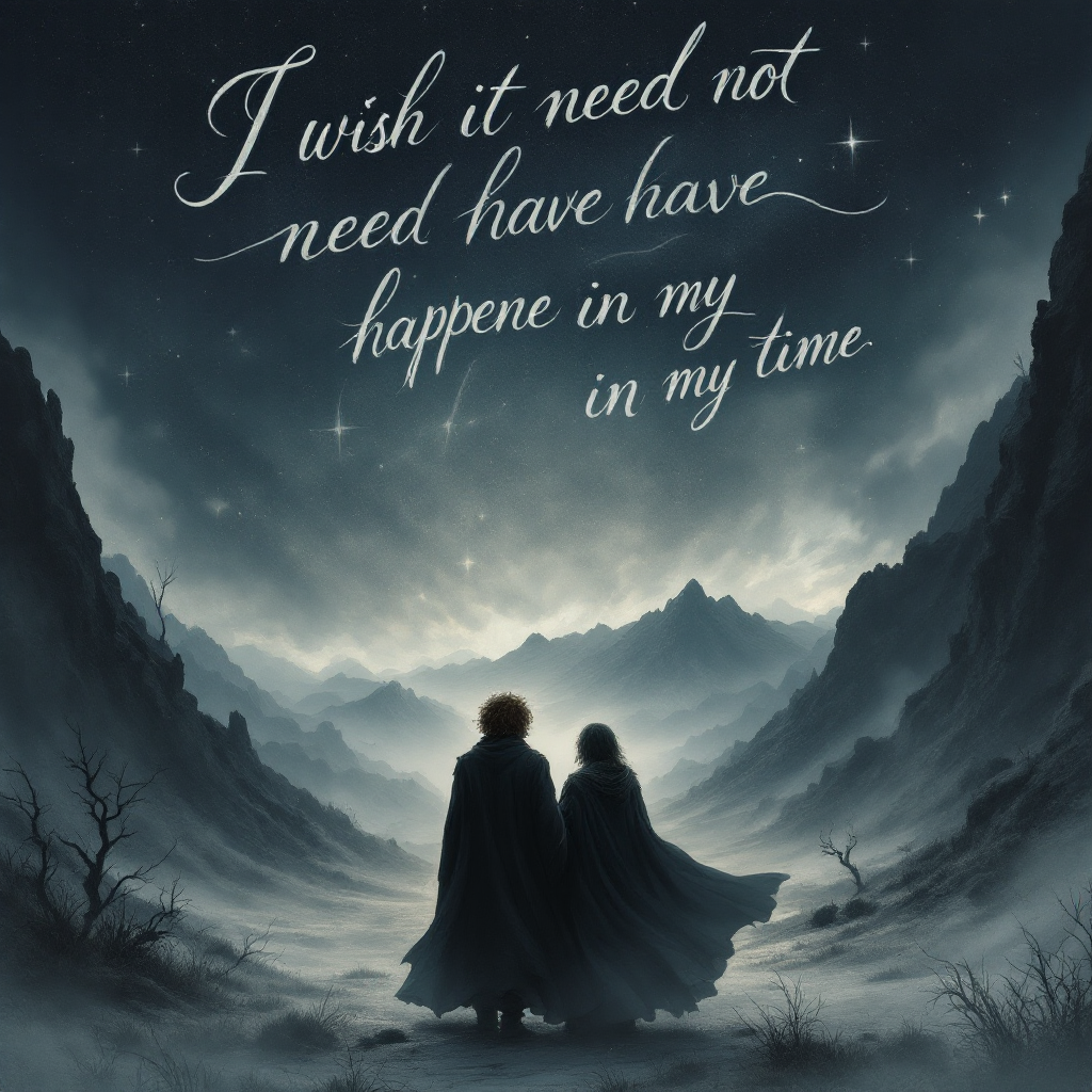 A serene, moonlit landscape shows two figures in cloaks facing distant mountains, with an evocative text from The Lord of the Rings reflecting on time and choices.