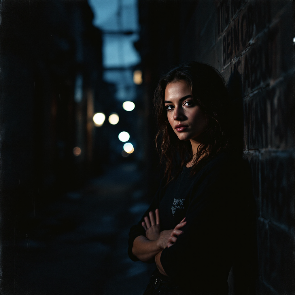 A young woman stands confidently in a dimly lit alley, her expression thoughtful, embodying the message of growth and self-improvement from the quote about being better than yesterday.