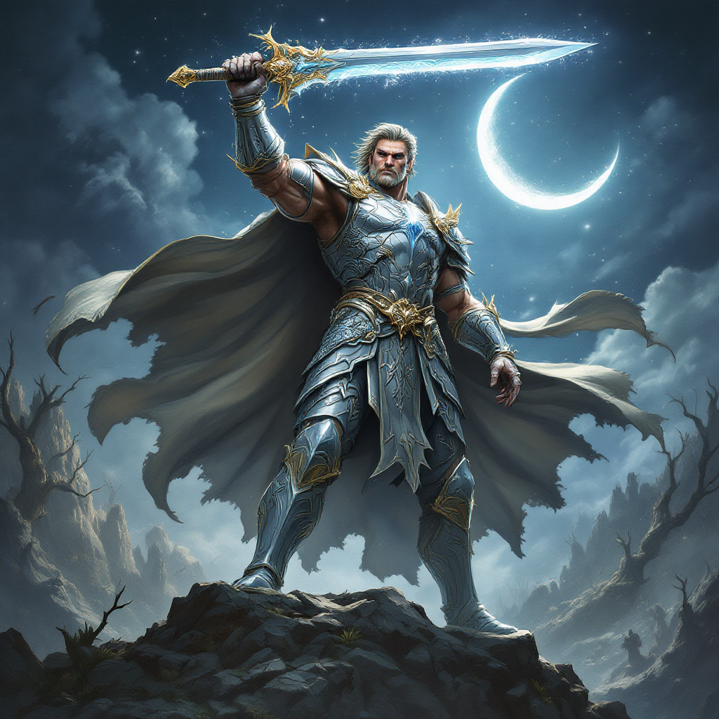 A heroic figure stands on a rock, raising a glowing sword against a moonlit sky, embodying the quote, The man who passes the sentence should swing the sword.