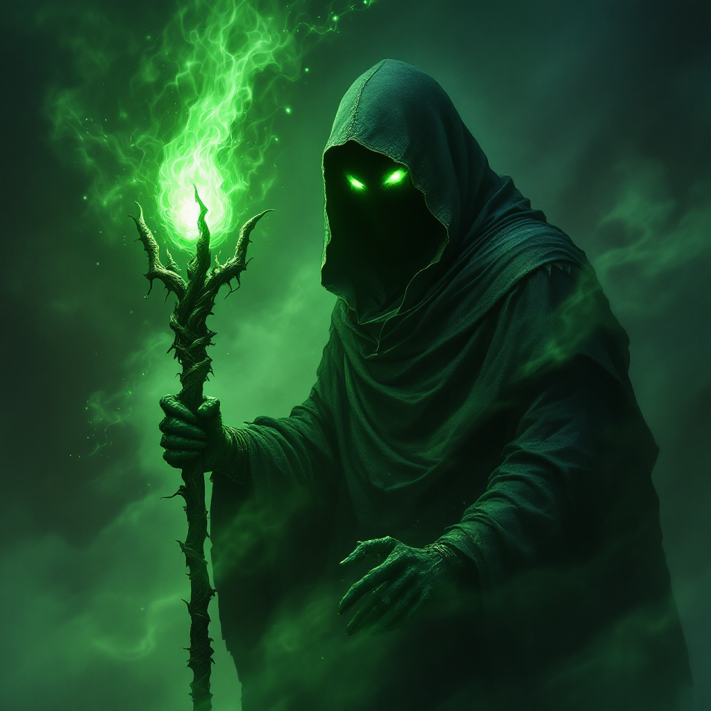 A cloaked figure with glowing green eyes stands amidst swirling dark mist, holding a staff that emits an eerie green light, embodying the tension between heroism and villainy.