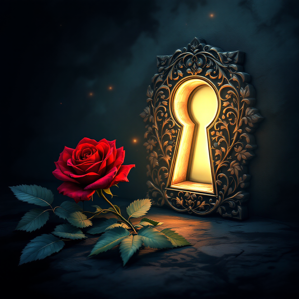 A single red rose lies beside an ornate keyhole, illuminated softly, evoking the quote about hearts, secrets, and their hidden prices in an enchanting, mysterious atmosphere.