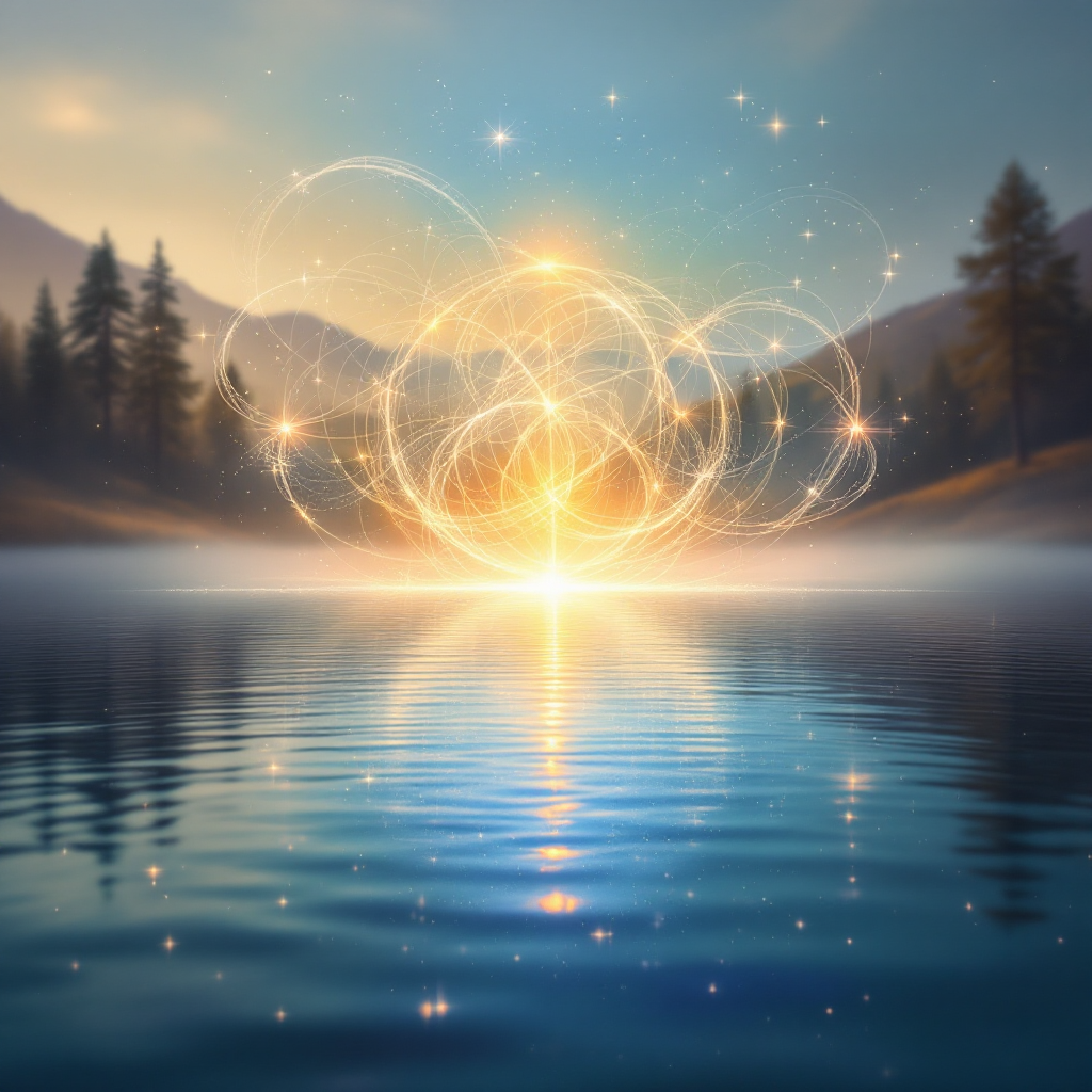 A glowing orb of light radiates warmth over a tranquil lake, surrounded by misty mountains and evergreen trees, embodying the interconnected blessings of all.