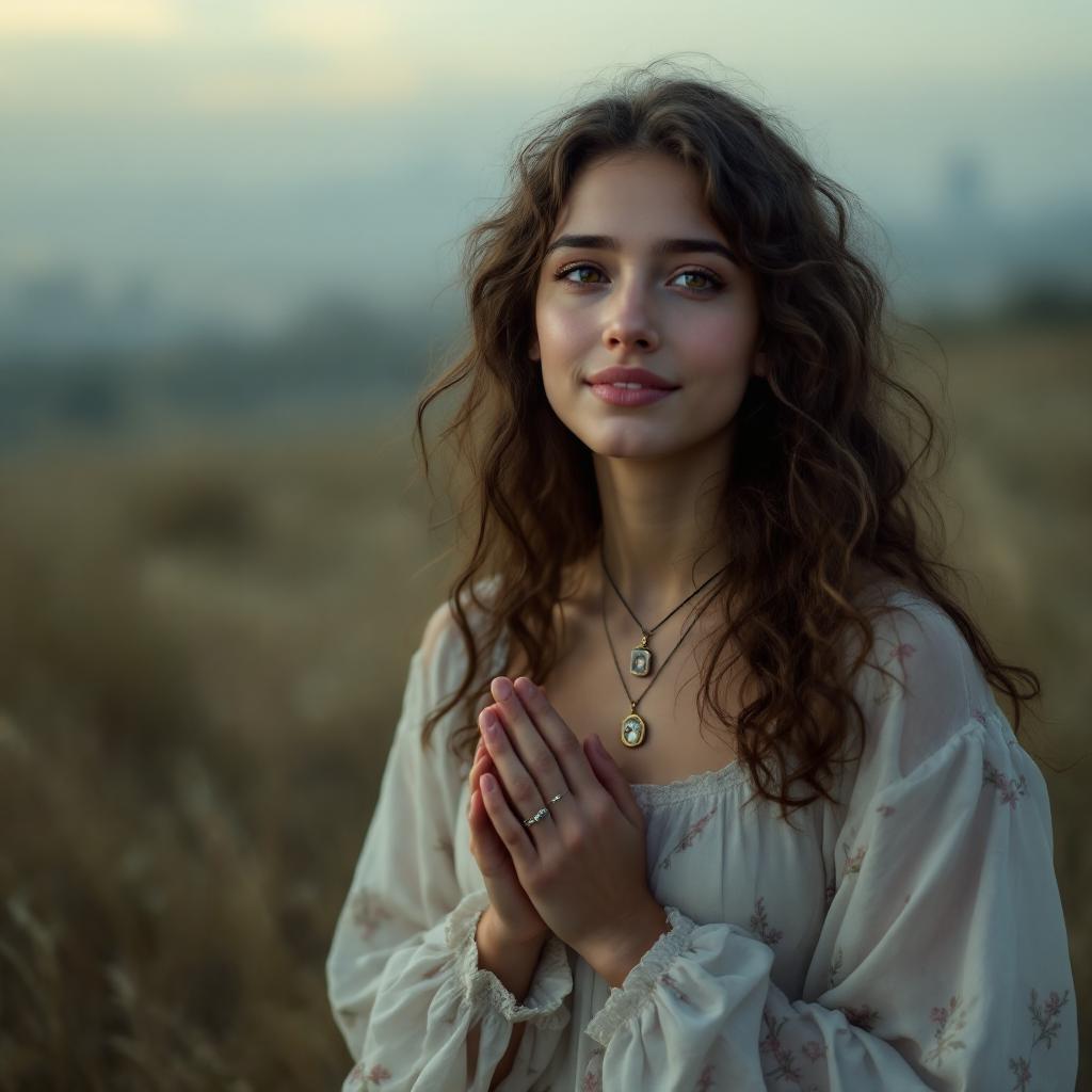 A young woman stands in a field at dusk, hands clasped thoughtfully. Her serene expression reflects the idea of embracing one's past while choosing its impact on her identity.