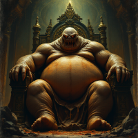 A grotesque, obese figure sits on a grand throne in an ominous setting, embodying the grublike Mage-Imperator with a strikingly unsettling presence.