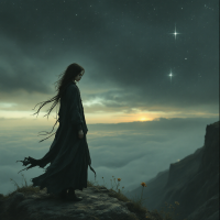 A solitary figure stands on a rocky ledge, gazing into a starry sky as the sun sets, embodying the search for purpose in life's vast mysteries.