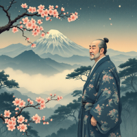 A contemplative figure in traditional attire stands amidst cherry blossoms, gazing at a majestic mountain under a starlit sky, embodying the essence of humanity's connection to nature.