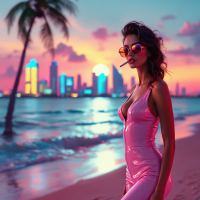 A woman in a glossy pink outfit stands on a beach at sunset, with a city skyline in the background. The scene embodies self-deception, as reflected in the accompanying quote.