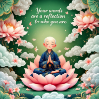 A serene figure sits in meditation on a large pink lotus flower, surrounded by clouds and blossoms, with the quote “Your words are a reflection of who you are” elegantly above.