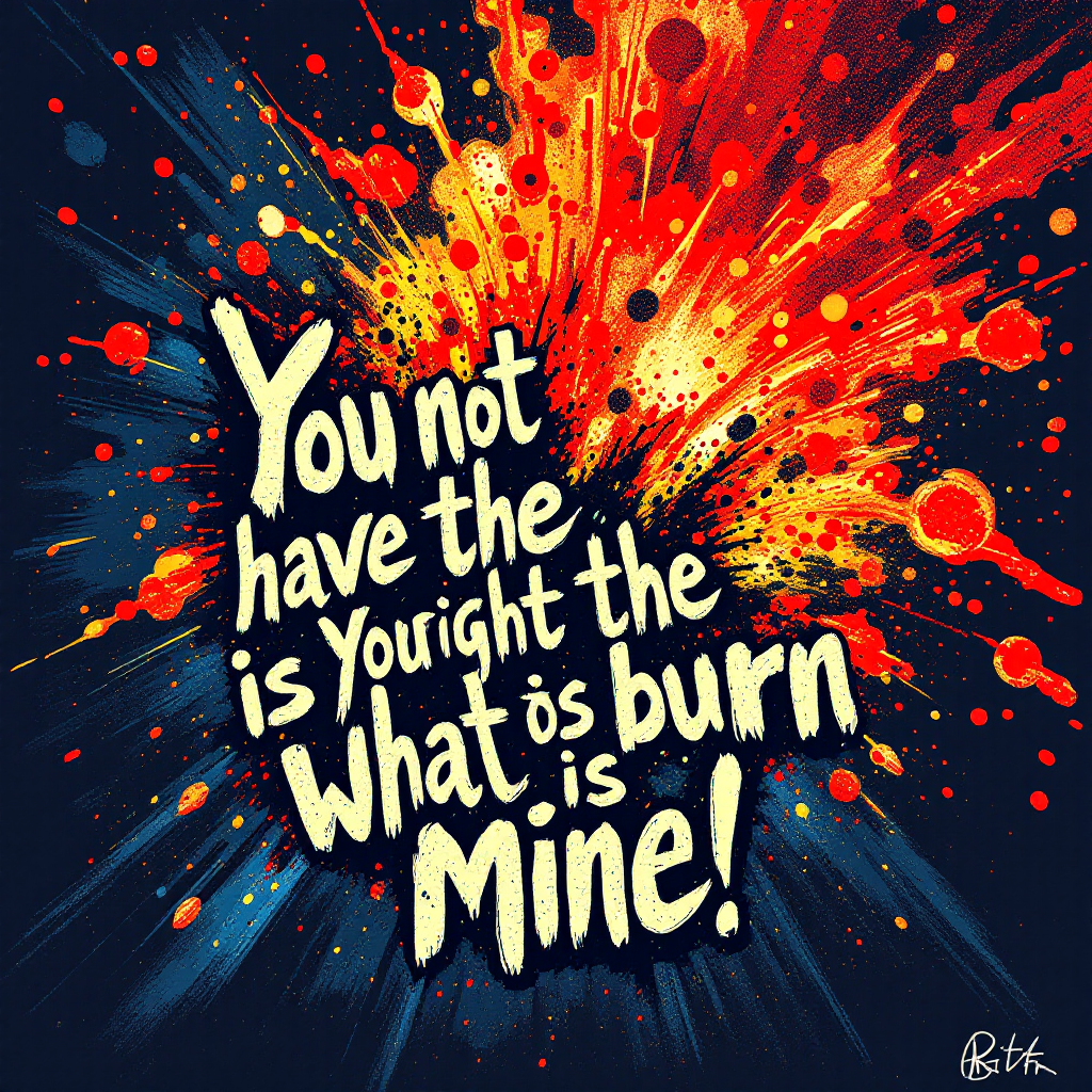 A vibrant explosion of color surrounds the text: You do not have the right to burn what is mine, reflecting power and defiance.