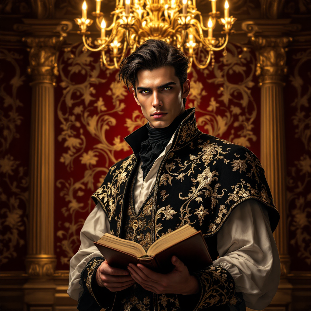 A confident young man in ornate clothing holds an open book, illuminated by a grand chandelier, set against a richly patterned red wall, evoking themes of belief and courage.