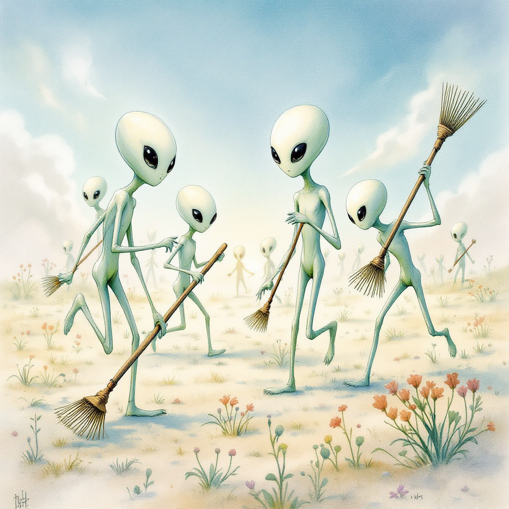 A group of green aliens with large heads and black eyes use rakes to clean a barren landscape, reflecting the quote about their intent to wipe the planet clean.