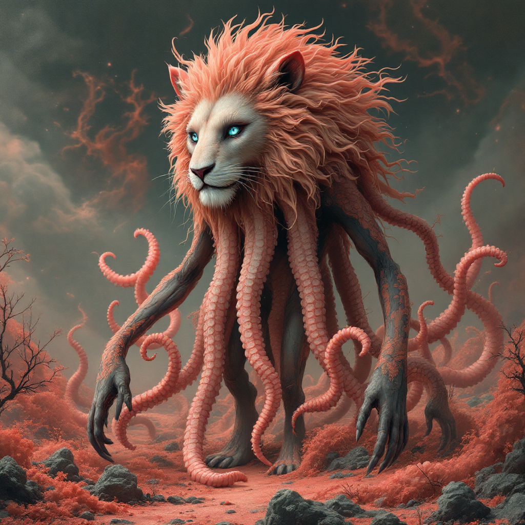 A fantastical creature combines a lion's head with tentacle-like appendages, set against a surreal landscape, embodying the quote, Every oddity has its own beauty.