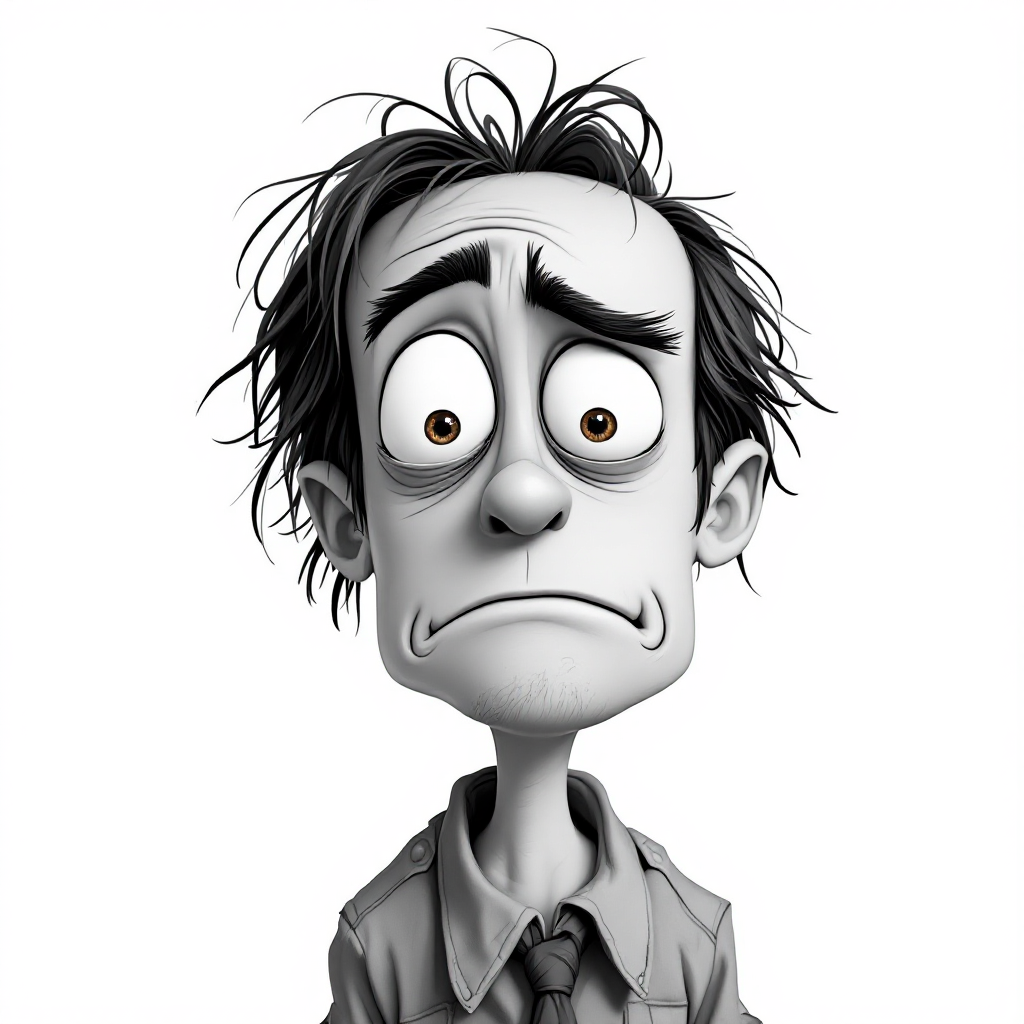 A cartoon-style character with messy hair and a worried expression, embodying the sentiment of needing to think like humans for a change. The image conveys a sense of concern and thoughtfulness.