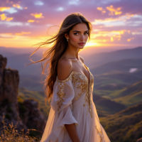 A young woman in a flowing white gown stands on a hillside at sunset, her hair blowing in the wind, radiating a sense of hope amidst a stunning natural backdrop.