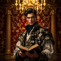 A confident young man in ornate clothing holds an open book, illuminated by a grand chandelier, set against a richly patterned red wall, evoking themes of belief and courage.