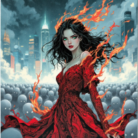 A fierce woman in a flowing red dress stands defiantly against a backdrop of a gray, faceless crowd, embodying love as a primal rebellion against societal norms. Flames swirl around her.