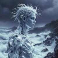 A futuristic figure with a crystalline appearance stands strong against a stormy sea, embodying the quote about embracing change amidst chaos and potential disaster.