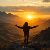 A silhouetted figure stands on a rocky outcrop with arms outstretched, embracing the vibrant sunset over a mountainous landscape, embodying individual power and responsibility.