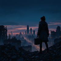 A lone figure stands on rubble, looking over a dystopian cityscape at dusk, embodying the quote about people being the problem in a troubled world.