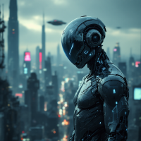 A humanoid robot stands pensively against a futuristic cityscape, embodying resilience with a backdrop of towering buildings and flying vehicles, reflecting the quote about moving forward despite pain.