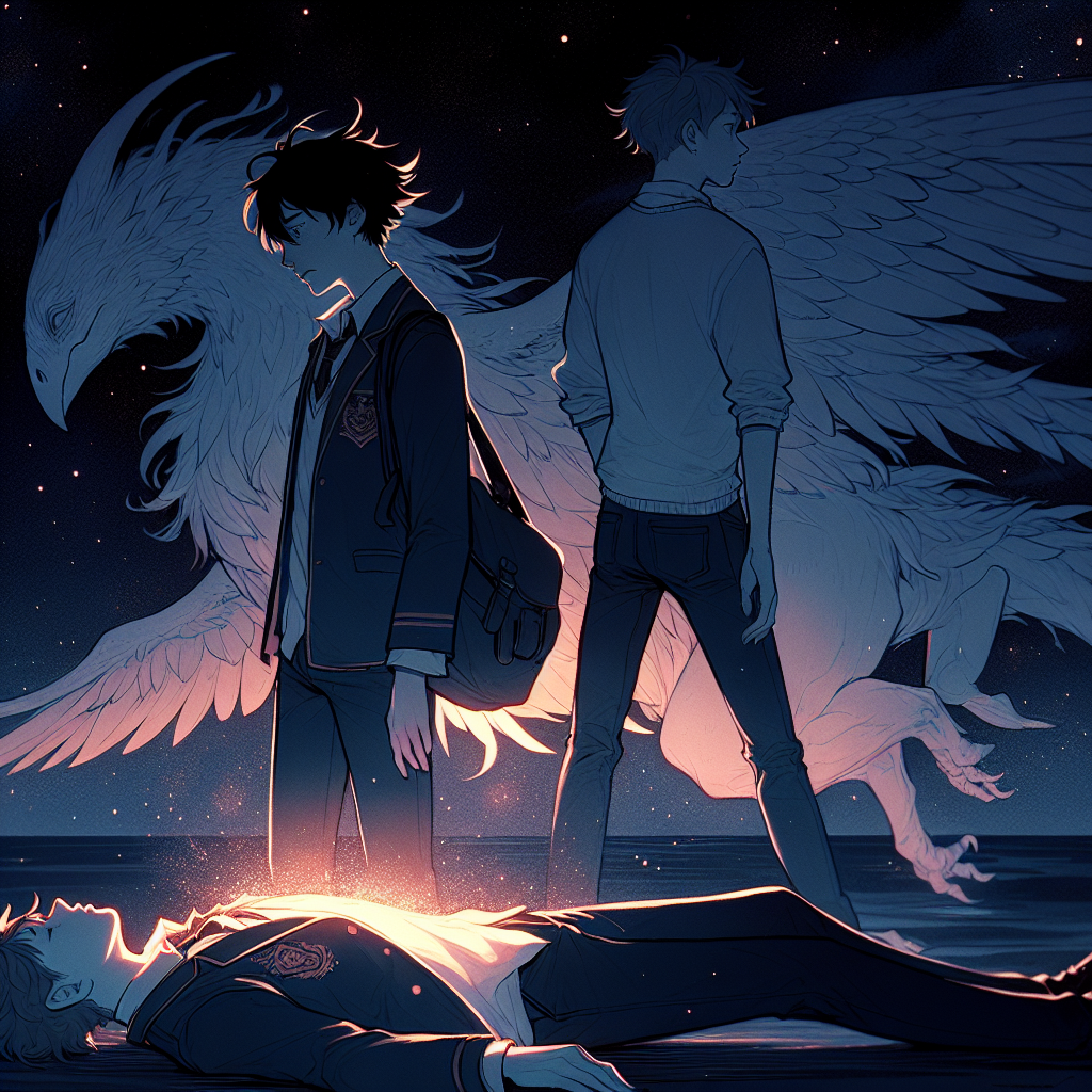 A boy stands beside a limp body lying on the ground, lit by a glowing light, with another figure and a large, ethereal bird in the background. Inspired by the quote: Harry... take my body back, will you? Take my body back to my father.