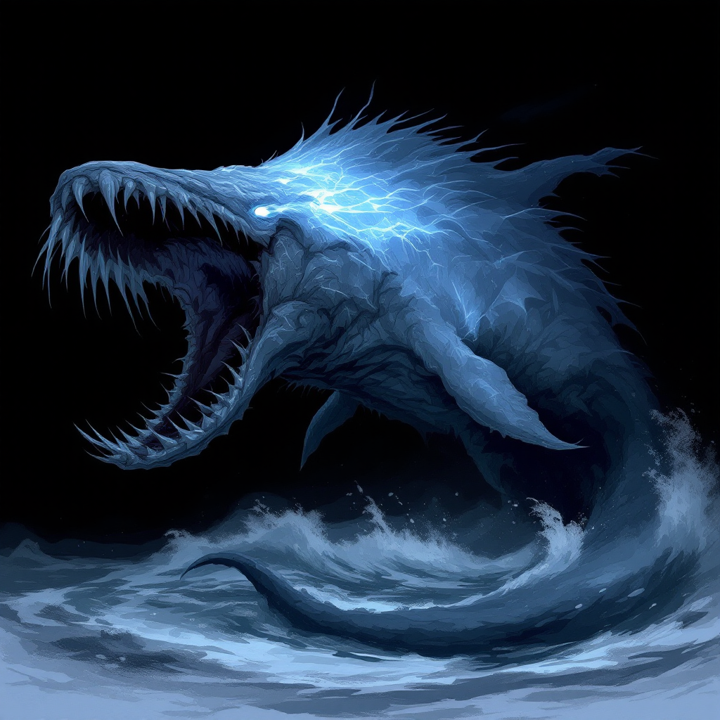 A colossal, predatory creature resembling a whale, with long jaws and sharp teeth. Electric blue energy crackles around it, as it rises from turbulent dark waters.