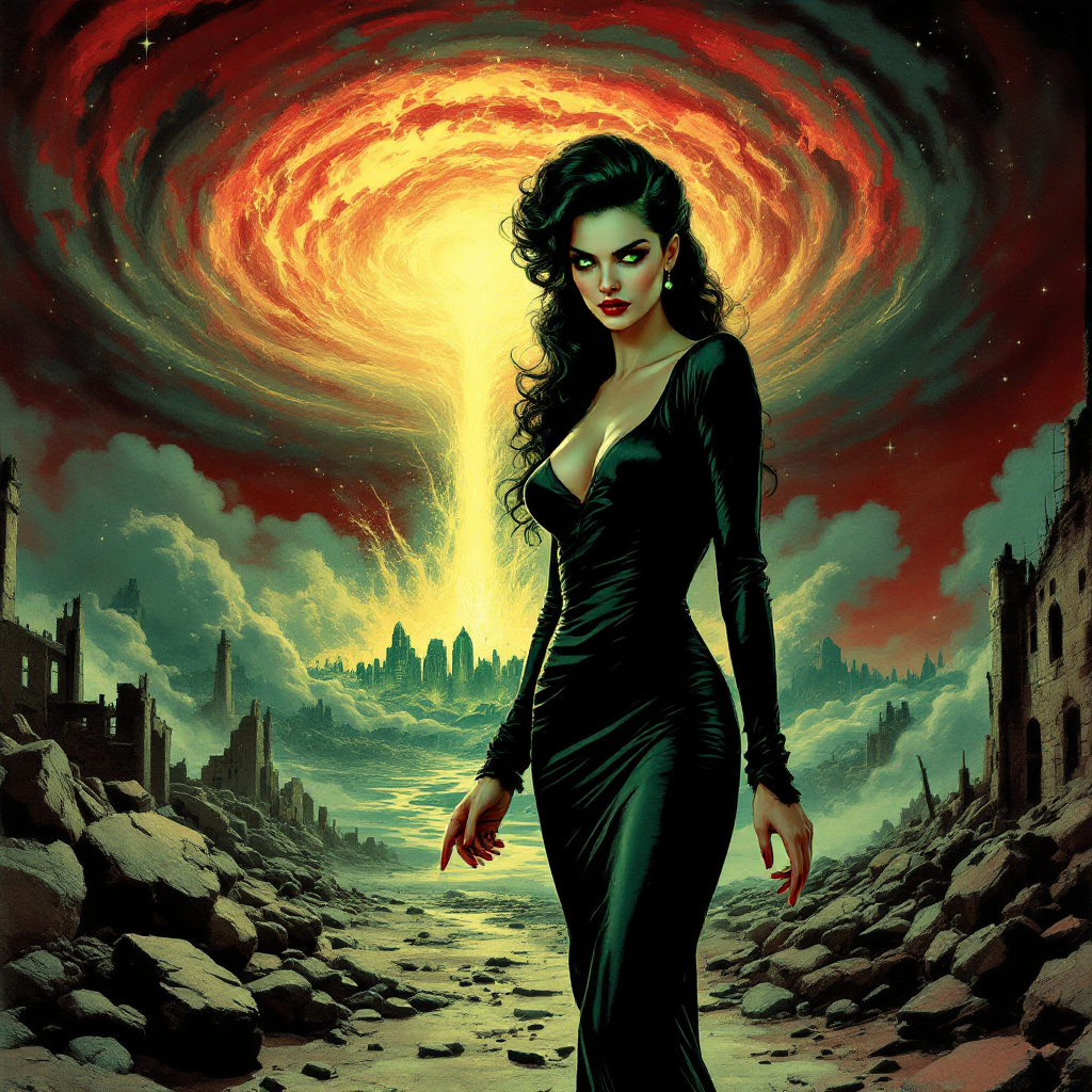 A fierce woman in a black gown stands amidst ruins, illuminated by a glowing mushroom cloud in the background, embodying the spirit of the quote, Give her hell from us, Peeves.