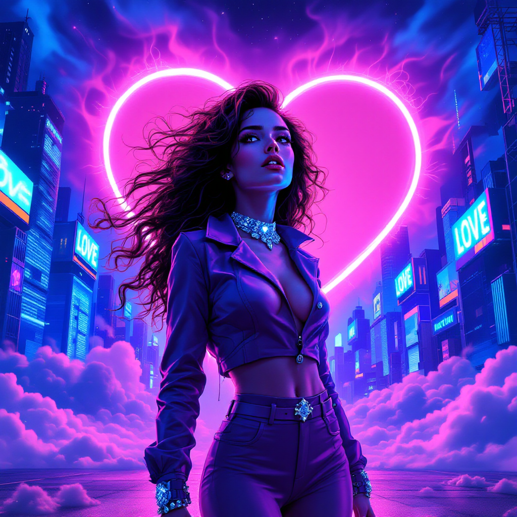 A woman stands confidently in a vibrant cityscape, illuminated by a large glowing heart, embodying the fierce and consuming nature of love.