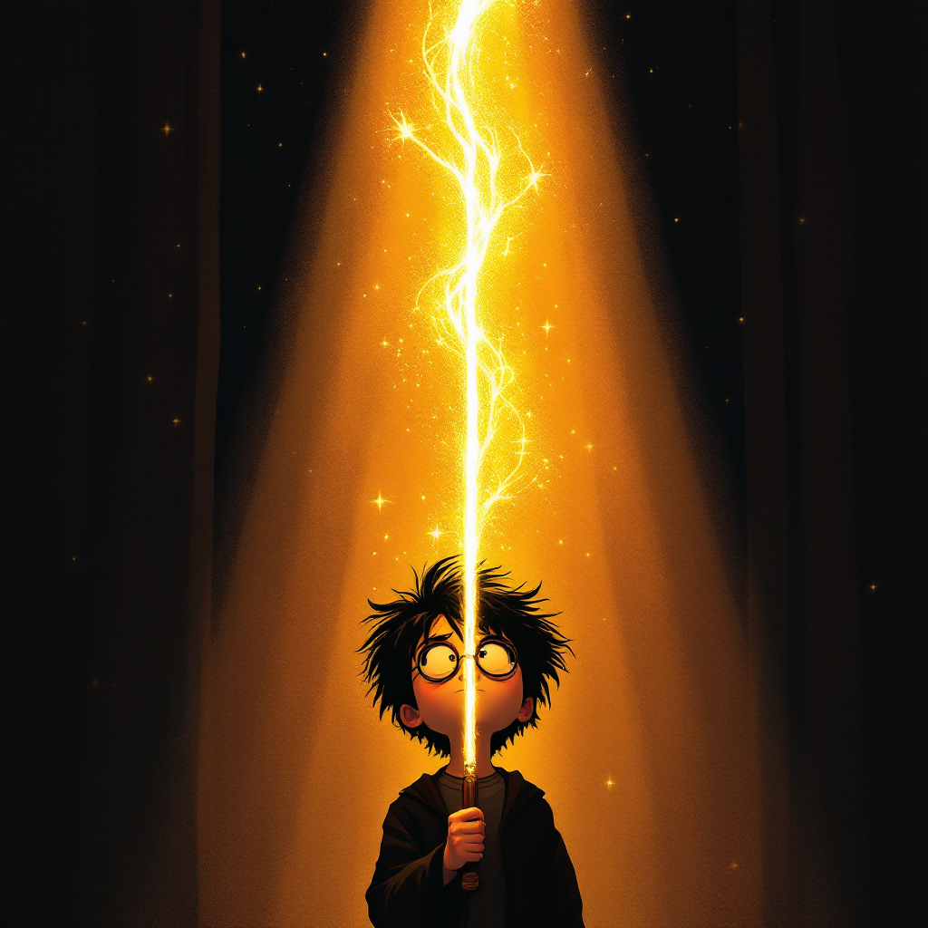 A young boy with messy hair holds a glowing wand aloft, surrounded by shafts of golden light, capturing the essence of The wand chooses the wizard, Mr. Potter.