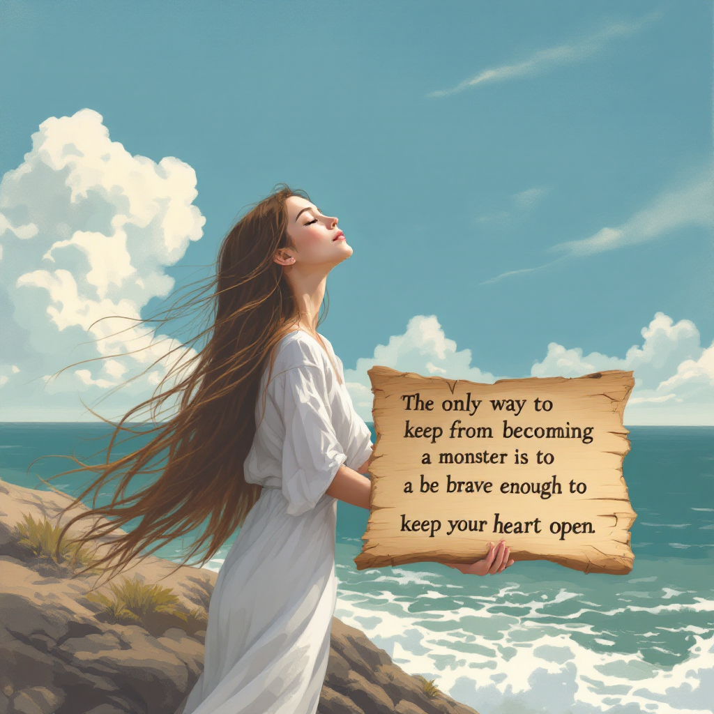 A woman in a flowing white dress stands on a rocky shore, gazing towards the ocean. A quote about bravery and keeping one's heart open is artistically displayed beside her.