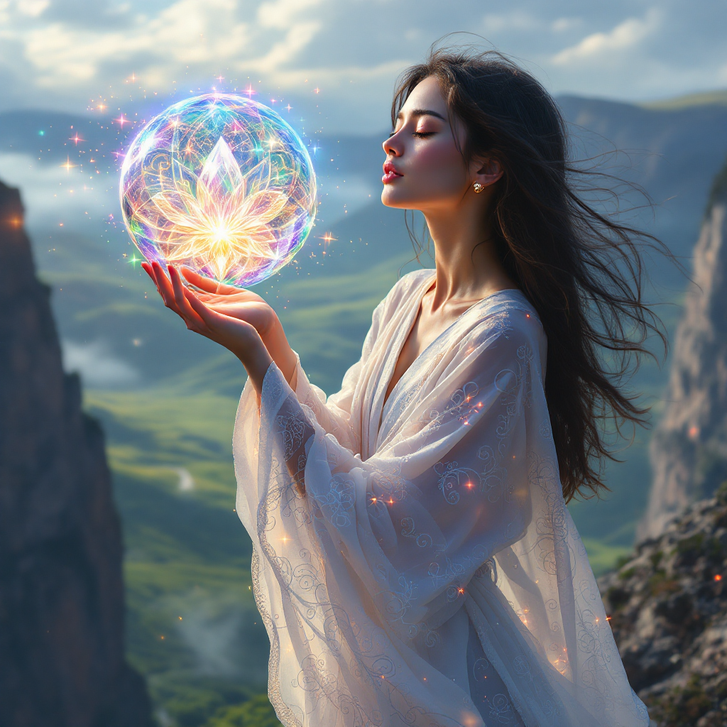 A woman in a flowing white robe stands on a cliff, holding a glowing orb that radiates light and hope, embodying the message: We need hope, or else we cannot endure.