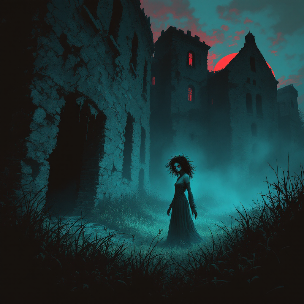 A ghostly figure stands in a foggy landscape before decaying buildings, with eerie red windows glowing in the background, capturing the essence of fear as a motivator and potential undoing.