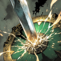 A shimmering sword strikes a green shield, creating a burst of sparks, embodying the quote The slow blade penetrates the shield with a sense of intensity and precision.