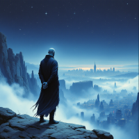 A contemplative figure in a dark cloak stands on a rocky outcrop, gazing over a misty cityscape illuminated by stars, embodying the balance of skepticism and acknowledgment of its limits.