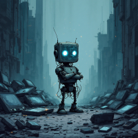 A small, humanoid robot stands confidently amidst a desolate, debris-filled urban landscape, reflecting the quote about the futility of trying to fix everything. Its glowing blue eyes convey a sense of resilience.