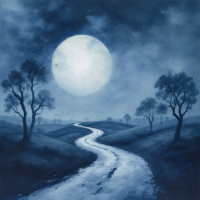 A winding road meanders through softly lit hills under a large, glowing moon, surrounded by silhouetted trees, reflecting the idea that the past simply exists without judgment.