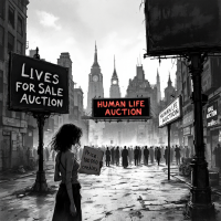 A stark cityscape features signs reading Lives for Sale Auction and Human Life Auction, with a lone figure holding a sign, evoking the chilling theme of commodified existence.