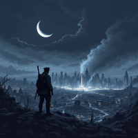 A solitary soldier stands on a ridge overlooking a war-torn city under a crescent moon, symbolizing the weight of The Great War and its profound impact.