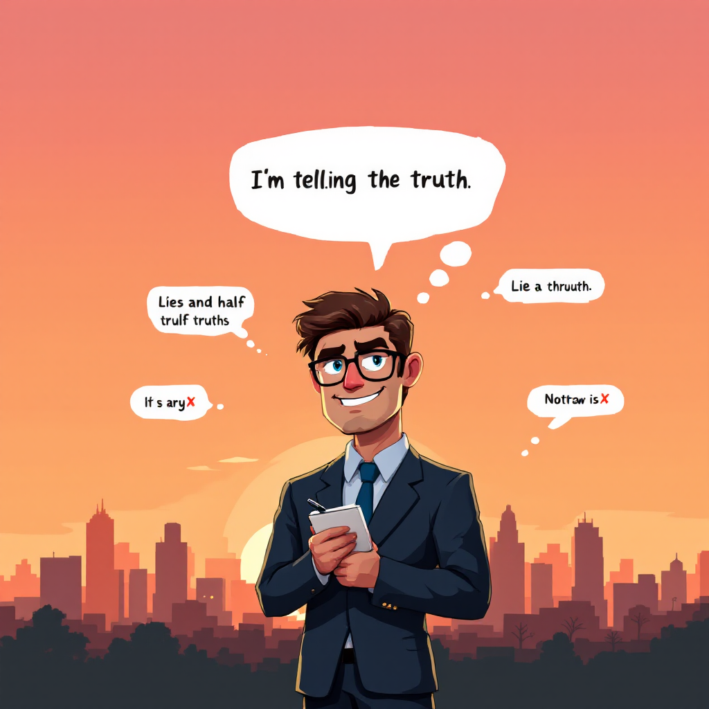 A cartoon character in a suit, smiling with a smartphone, surrounded by thought bubbles stating I'm telling the truth and Lies and half-truths. The backdrop features a city skyline at sunset.