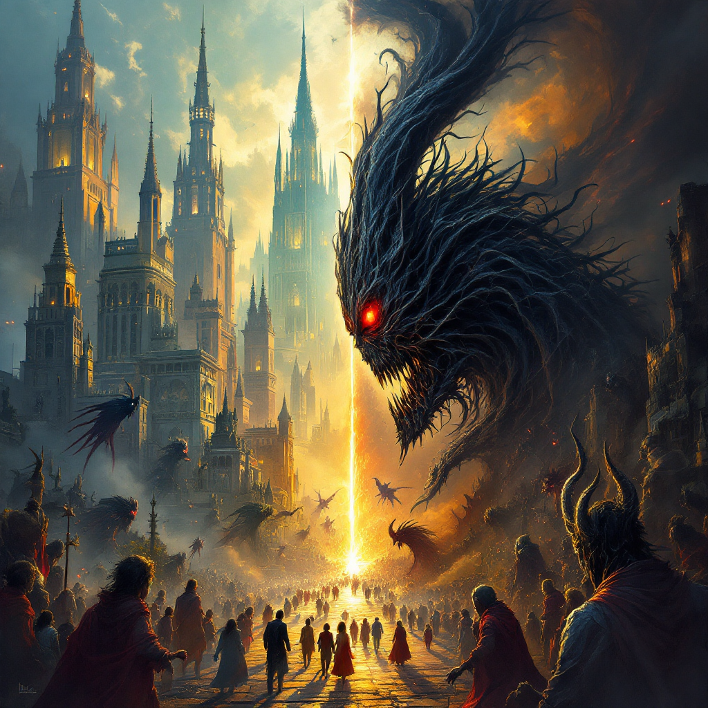 A dark, ominous cityscape is juxtaposed with a bright, radiant light piercing through shadows, symbolizing the struggle between humanity and demonic forces, echoing themes of hope and resilience.