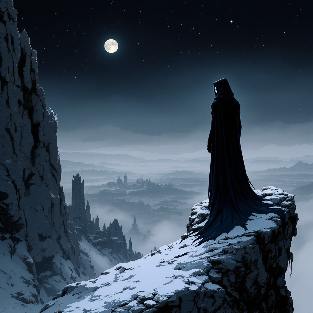 A cloaked figure stands atop a snowy cliff, gazing out over a misty landscape under a full moon, reflecting the quote, History is written by those who survive to tell the tale.