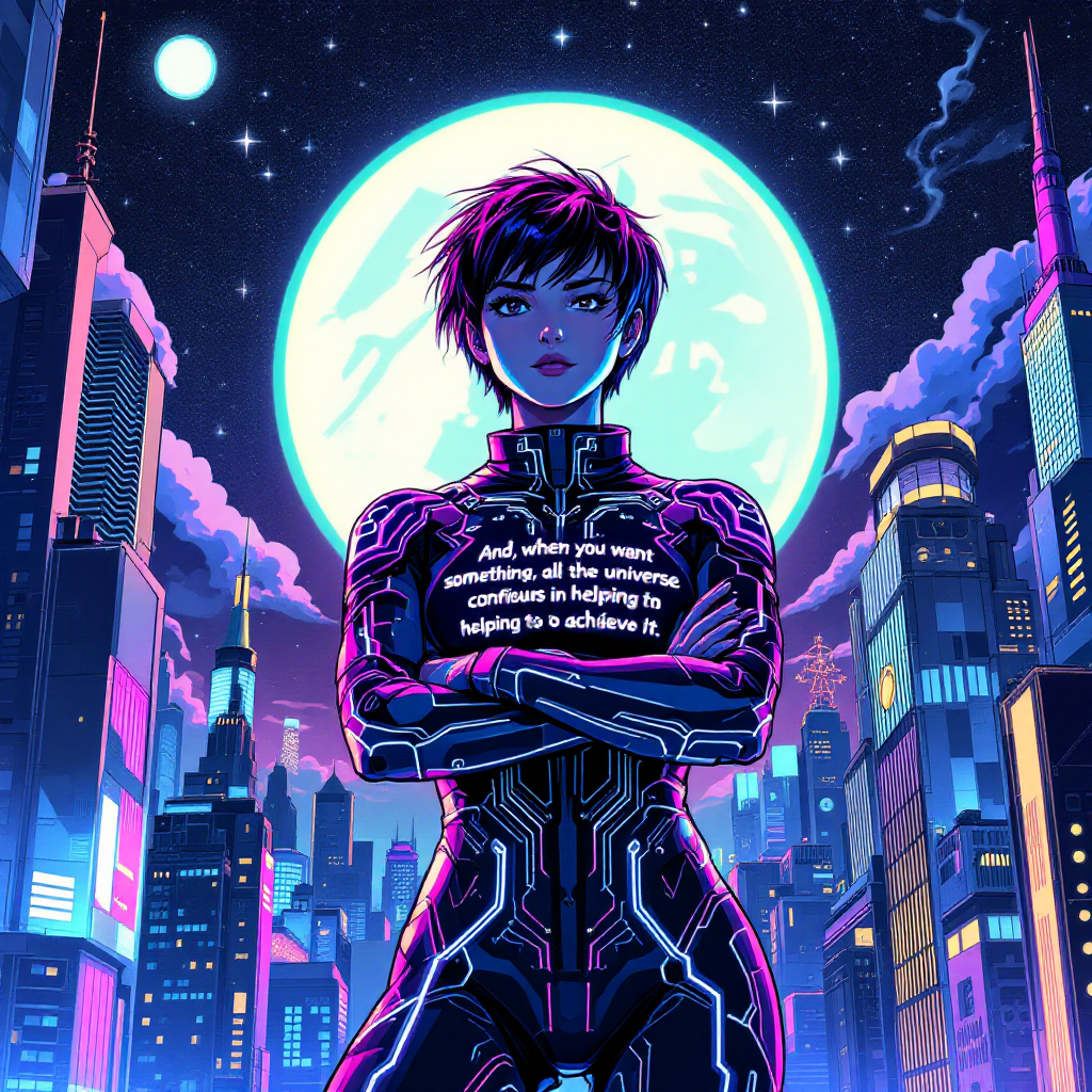 A confident figure in a futuristic, glowing suit stands against a vibrant cityscape beneath a large moon. The image embodies the quote about the universe’s support in achieving desires.