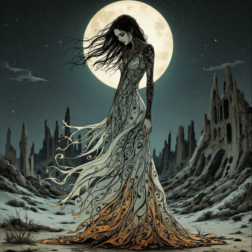 A figure in a flowing, intricately patterned gown stands in a desolate landscape under a full moon, embodying resilience and transformation in response to the past.