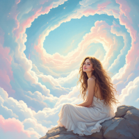 A serene young woman in a flowing white dress sits on a rock, gazing thoughtfully into a swirl of colorful clouds under a bright sky, embodying the beauty of life's complexities.