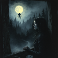 A woman gazes out into a dark, moonlit forest, confronting a shadowy figure hovering in the air, embodying the struggle to face her fears as they loom large in her life.