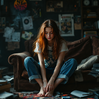 A young woman sits pensively on a couch in a cluttered room, surrounded by books and posters, embodying the quote about the fear of facing harsh truths that shatter illusions.