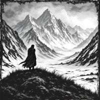 A solitary figure in a dark cloak stands atop a grassy hill, gazing across a vast, snow-covered mountain landscape, evoking the chilling stakes of power from the phrase, “In the game of thrones, you win or you die.”