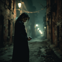 A figure in a long coat stands alone in a dimly lit alley, holding something in their hands, embodying the emptiness of feeling no emotion.