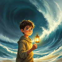 A young boy stands confidently with a lantern, facing a towering wave. The scene captures the essence of bravery as he acts courageously despite the surrounding fear.